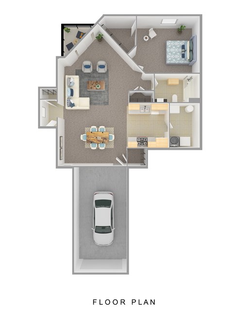 A floor plan of a house with a garage and a car.